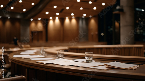 Empty city council chamber after late-night vote session, scattered agenda papers and half-filled water glasses left on the horseshoe dais under humming overhead lights while a lone maintenance work