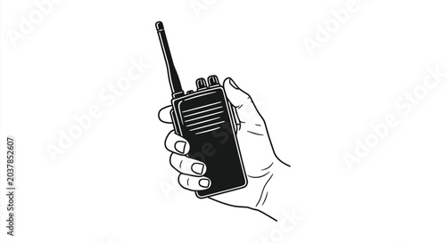Tableau sur toile Hand holding walkie talkie black and white line art illustration