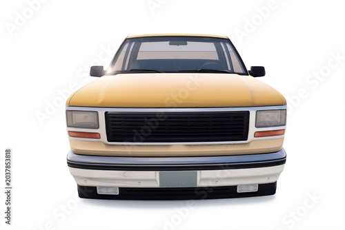 3D rendering of a generic beige extended cabin pickup truck isolated on a white studio background. Unbranded classic utility vehicle shown from multiple angles including front, profile, rear, and top-
