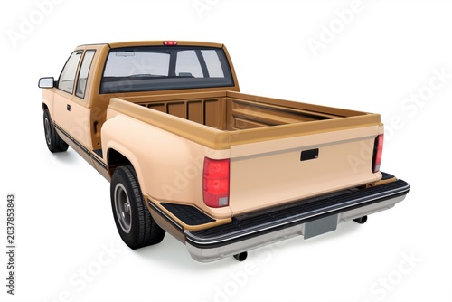 3D rendering of a generic beige extended cabin pickup truck isolated on a white studio background. Unbranded classic utility vehicle shown from multiple angles including front, profile, rear, and top-
