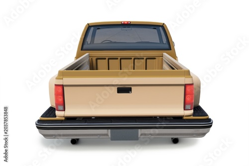 3D rendering of a generic beige extended cabin pickup truck isolated on a white studio background. Unbranded classic utility vehicle shown from multiple angles including front, profile, rear, and top-