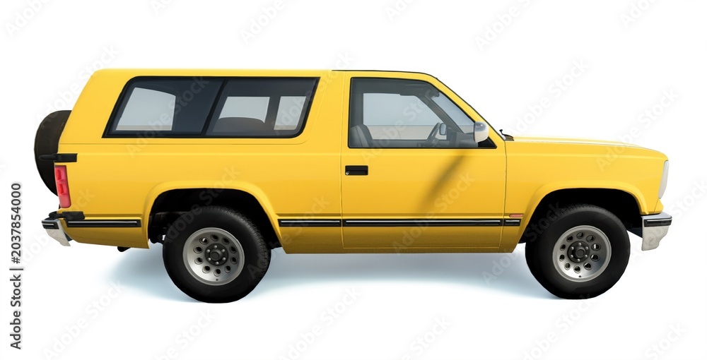 Obraz premium 3D rendering of a generic retro yellow sport utility vehicle (SUV) on a clean white background. Unbranded classic full-size 4x4 automotive design from multiple view angles for commercial use.