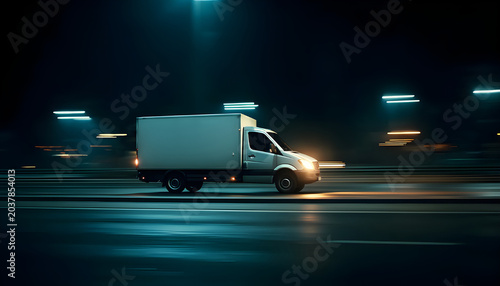 A white delivery truck with its lights on drives down a dark highway at night. Side view tracking shot shows the vehicle in motion, transporting goods through the darkness