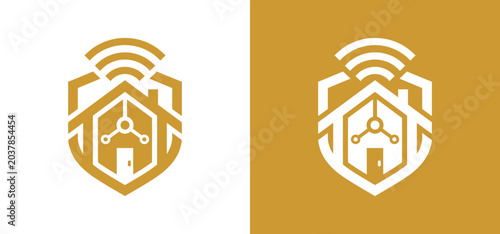 Smart home wireless technology security shield icon for connected property protection with wireless security technology protection automation internet connected communication property