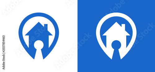 Residential location pin icon with house silhouette and keyhole for property search and security location property security residential navigation building interface logotype minimalist