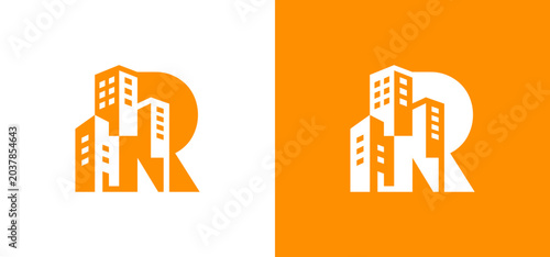 Real estate letter r building skyline logo with letter r building architecture construction property business typography corporate development residential commercial apartment skyscraper