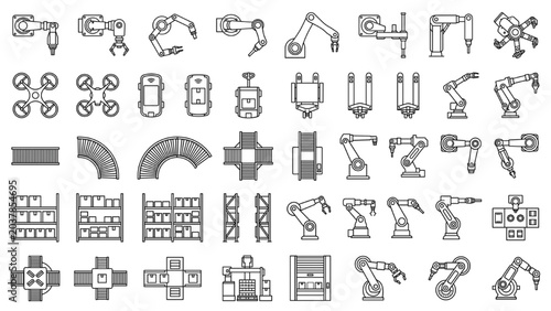 Top View Smart Factory CAD Block Vector Set of Industrial Automation Systems Robotic Assembly Lines Warehouse Drone Logistics AI Manufacturing Blueprint