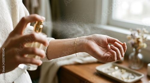 Woman applying perfume on wrist indoors