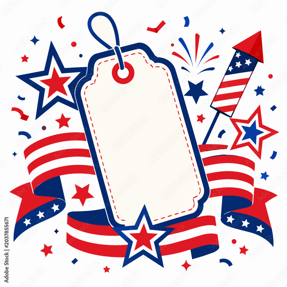 Fototapeta premium American Independence Day celebration with fireworks stars and blank tag for text vector illustration