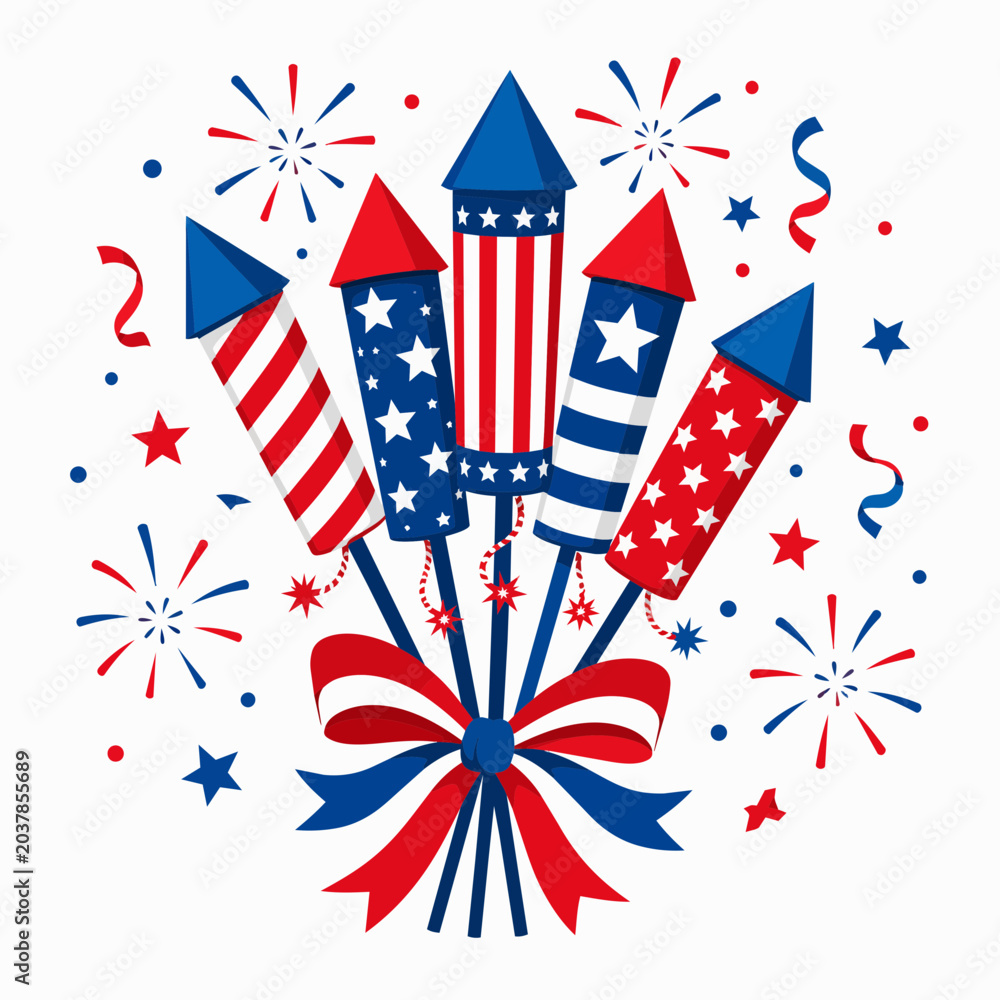 Obraz premium American Independence Day Fireworks Celebration with Patriotic Bow and Confetti vector illustration