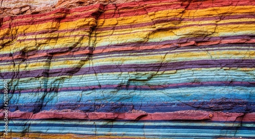 Detailed view of ancient sedimentary rock layers exposed in a cliff face, showing distinct color bands and stratification, environment, background, science