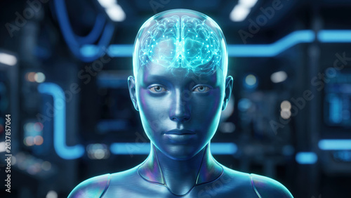 A close-up portrait of a futuristic AI robot showcasing an illuminated neural network brain in a high-tech environment.