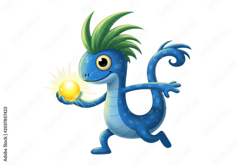 Fototapeta premium Whimsical blue dragon with green mohawk and wings mid-flight isolated on transparent background