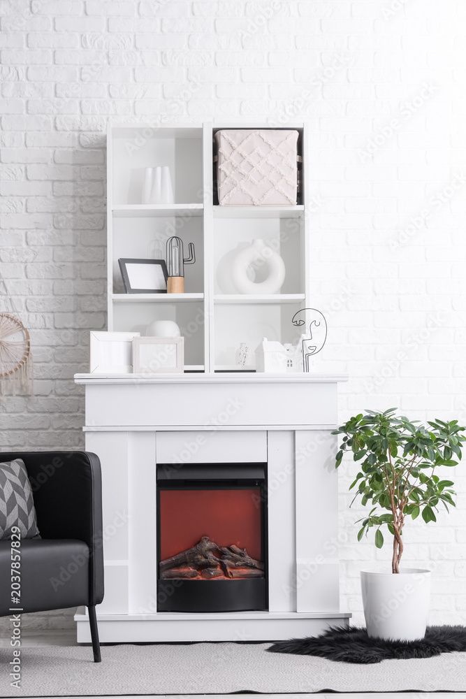 Fototapeta premium Interior of living room with fireplace and shelf unit. Yin Yang concept