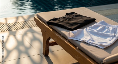 A black casual shirt and white shorts neatly folded on a cushioned sunbed next to a swimming pool in the warm evening sunlight