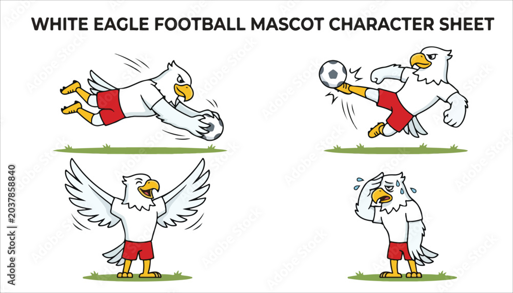 Fototapeta premium White eagle football mascot character sheet showing various poses and emotions related to soccer.
