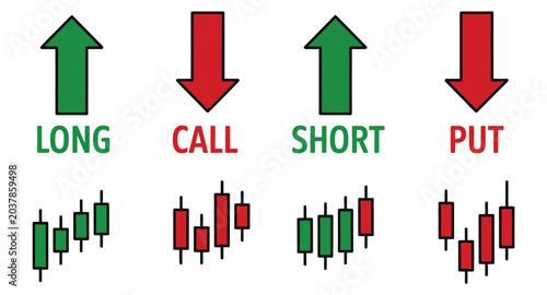 Konstfotografi trading terms call put buy sell short and long, green and red arrow symbols set