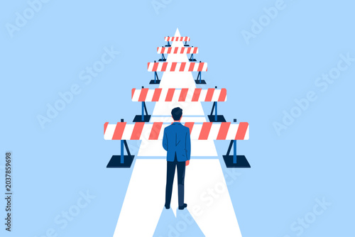 Businessman standing on a rising arrow path looking at multiple road barriers, overcoming business challenges and obstacles concept vector illustration.