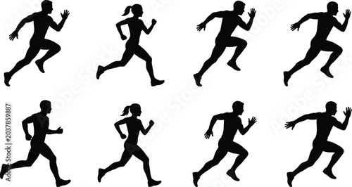 Foto PrintBlack silhouette figures in dynamic running motion sequence illustrating at