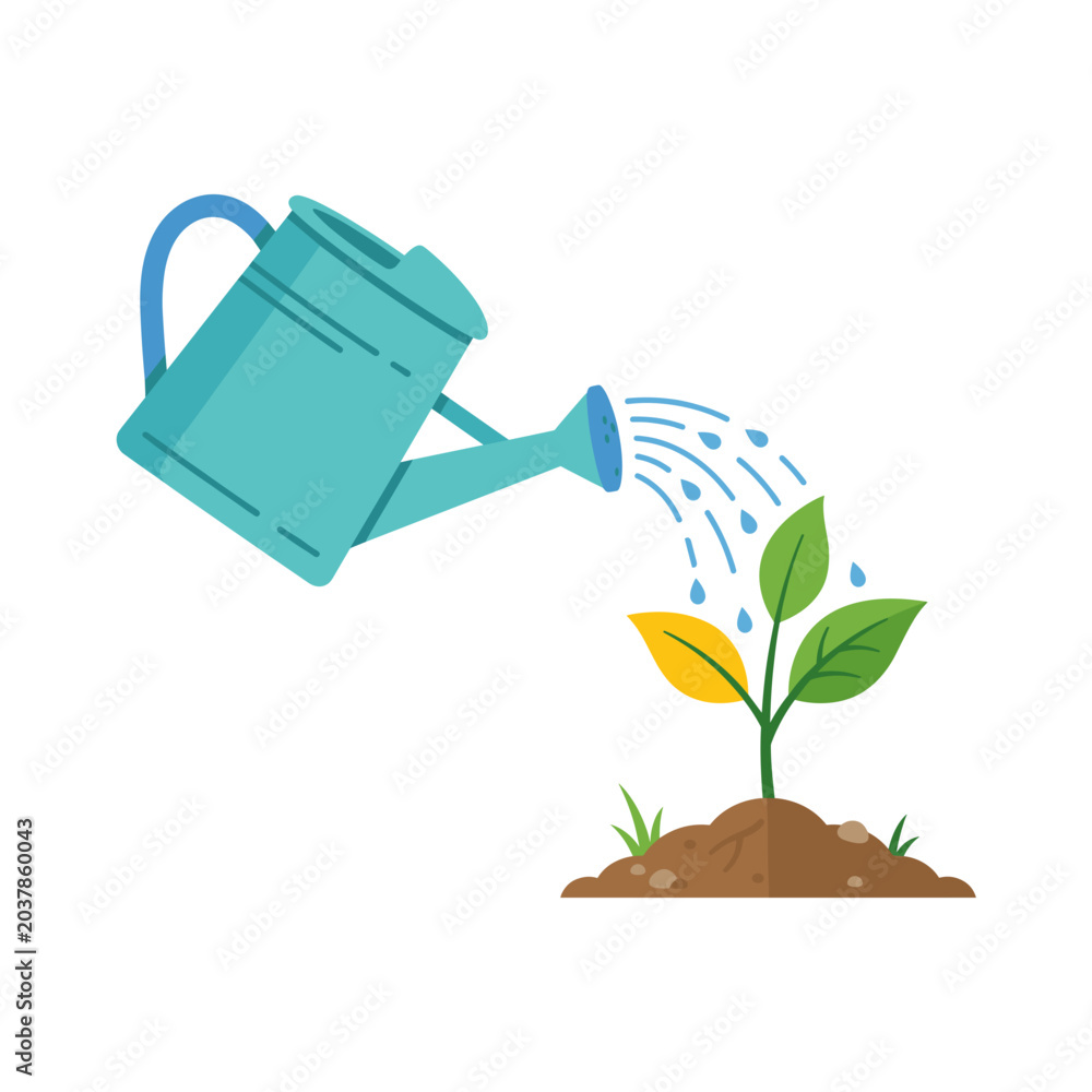 Obraz premium Watering can pouring water on a small green plant growing from soil with grass