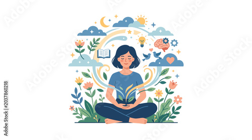 Фотография Woman meditating in lotus pose with flourishing nature and mental symbols