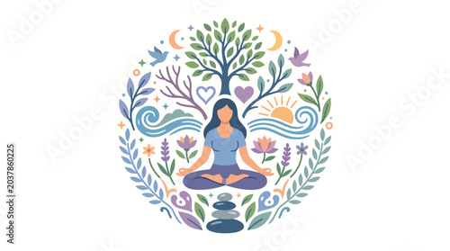 Canvas Print Woman meditating in nature with floral elements and spiritual symbols
