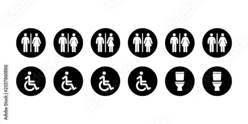 Accessibility icons set showing elderly, wheelchair user, and toilet symbols in a clean monochrome pictogram style