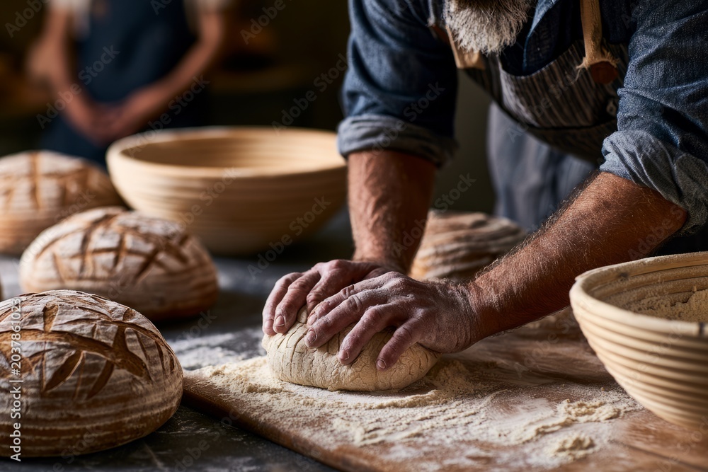 Fototapeta premium Hands kneading sourdough bread dough on wooden bench with banneton baskets