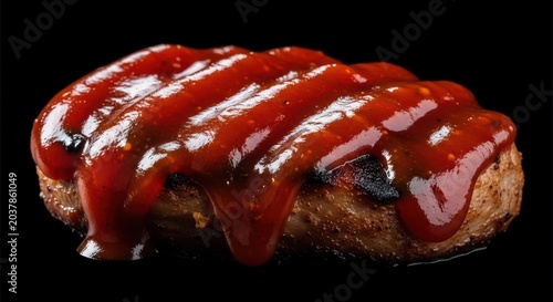 Glossy, thick barbecue sauce generously coating grilled meat, highlighting the sticky texture and delicious sweet smoky flavor, picnic, meal, cooking