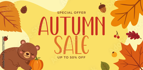 Cute Autumn Sale Banner with Sleeping Bear Pumpkin and Fall Leaves Vector Illustration