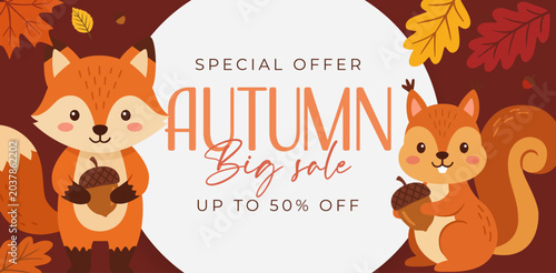 Cute Autumn Big Sale Banner with Fox and Squirrel Holding Acorns Vector Illustration