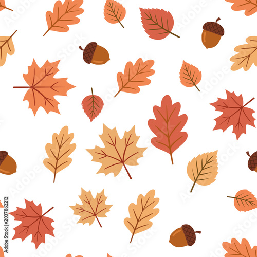Cute Autumn Leaves and Acorns Seamless Pattern Vector Background