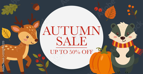 Cute Autumn Sale Banner with Deer Badger Pumpkin and Fall Leaves Vector Illustration