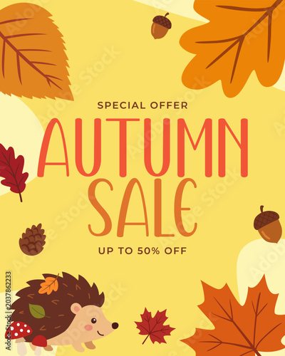 Cute Autumn Sale Banner with Hedgehog Leaves and Acorns Vector Illustration