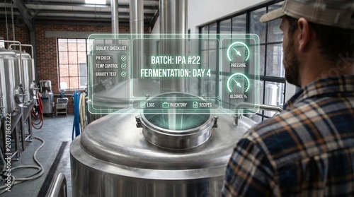 Brewery worker monitoring fermentation process of ipa beer batch using augmented reality digital interface in a modern craft brewery