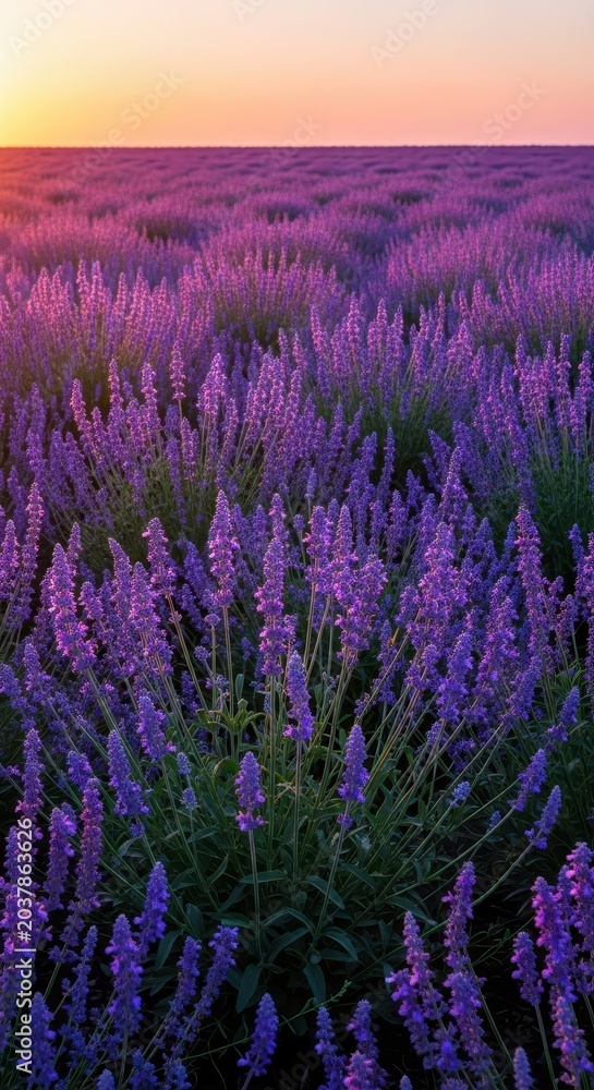 Fototapeta premium A vast summer field filled with blooming purple aromatic plants swaying gently in the evening light, suggesting natural beauty and tranquility, plant, growth, texture