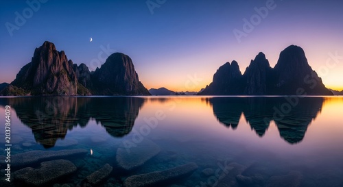 Majestic jagged mountains and rocky peaks overlooking a crystal-clear lake during a vibrant golden purple sunrise. The mountain silhouette creates a flawless reflection on the transparent water