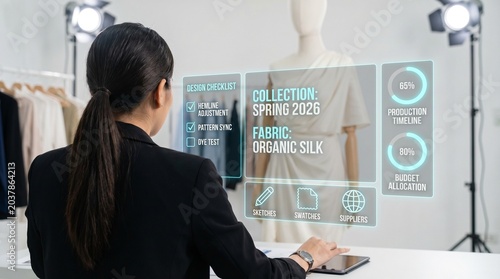 Fashion designer using futuristic digital interface to manage clothing collection production, timeline, and budget for spring 2026