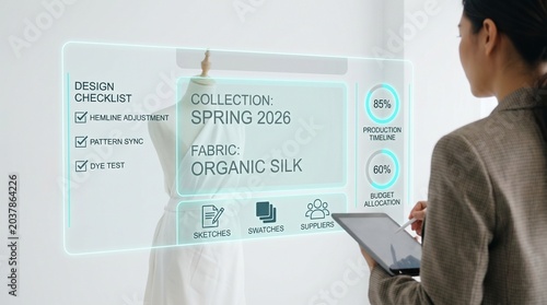 Fashion designer using digital augmented reality interface to manage clothing production for spring 2026 collection