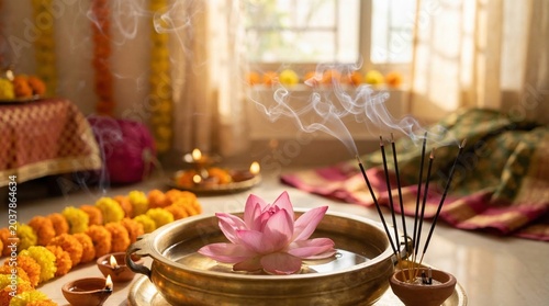 Pink lotus flower floating in a brass bowl with smoking incense sticks during a religious ceremony