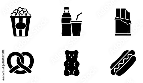 Cinema snacks icons, food symbols, black vector graphics, movie treats