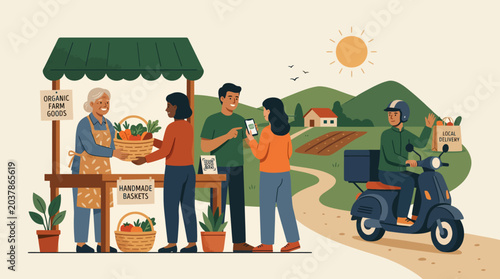 Photos Customers purchasing fresh produce from a local market stall.