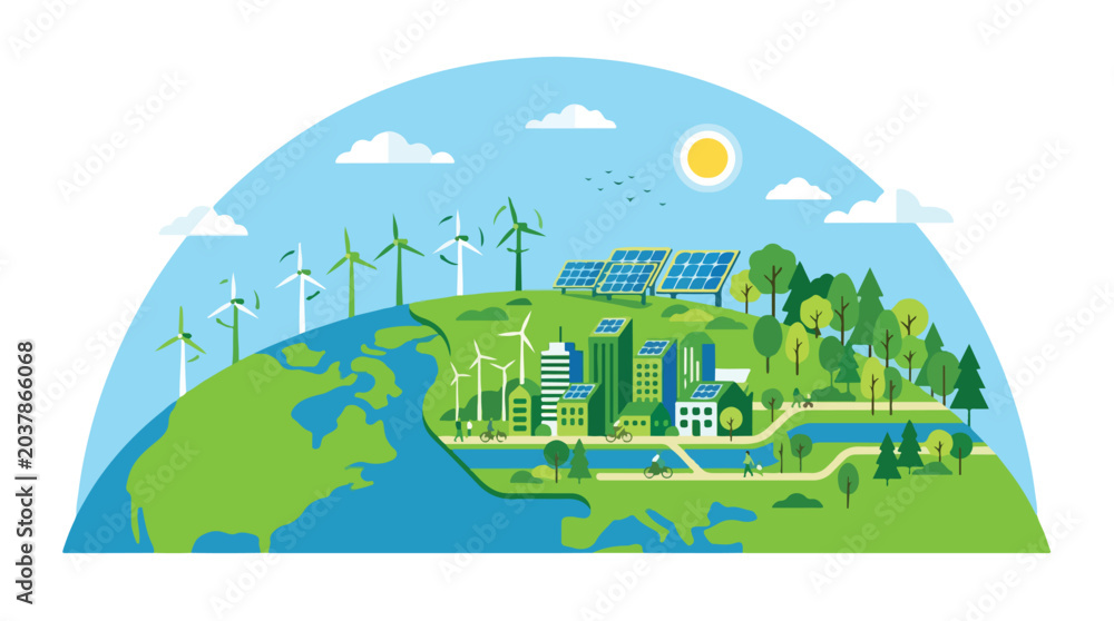 Fototapeta premium Sustainable eco friendly earth with renewable energy sources and green landscape
