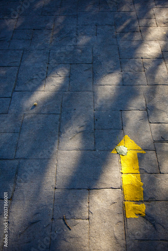 Yellow arrow indicating the Way to Santiago de Compostela to pilgrims on their journey in search of Faith
