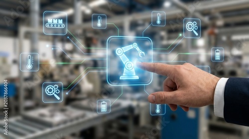 Industrial automation technology concept with robotic arm control interface and digital data monitoring in a smart factory environment