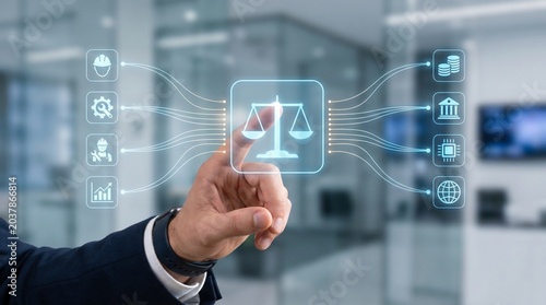 Businessman touching a digital interface with a scales of justice icon, representing legal and corporate compliance, ethics, and law