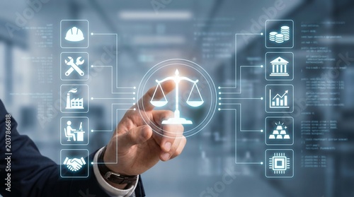 Businessman touching a digital interface with a scales of justice icon, representing legal technology, compliance, and corporate law