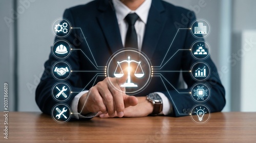 Businessman touching digital interface of law and justice icons, legal advice, corporate law, and business regulation concept