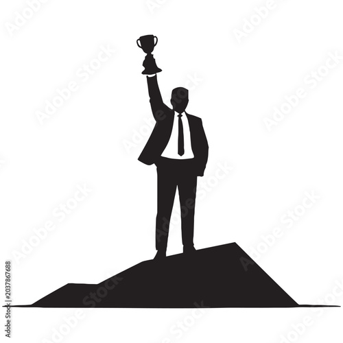 Cuadro en lienzo A silhouette of a businessman celebrating victory with a trophy aloft