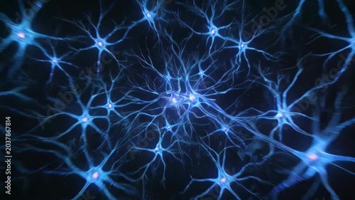 Close up animation of glowing neurons transmitting electrical signals through a neural network. Futuristic neuroscience and brain activity concept for medical, scientific and technology content.